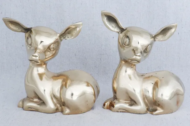 Vtg Laying Sitting Bambi Fawn Doe Deer Brass Bookends Doorstops Statue Figurines