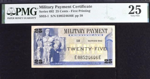 Military Payment Certificate 25c Series 692 First Printing PMG VF Banknote
