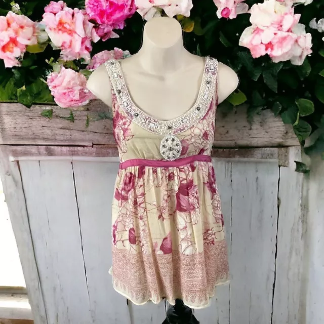 VTG Y2K Coquette Fairycore Pink Womens Embellished Floral Tank Cami Top Sz 6 S