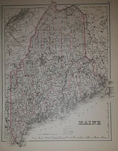 Antique 1883 Railroad, County & Township Map ~ MAINE ~  Old Vintage & Original
