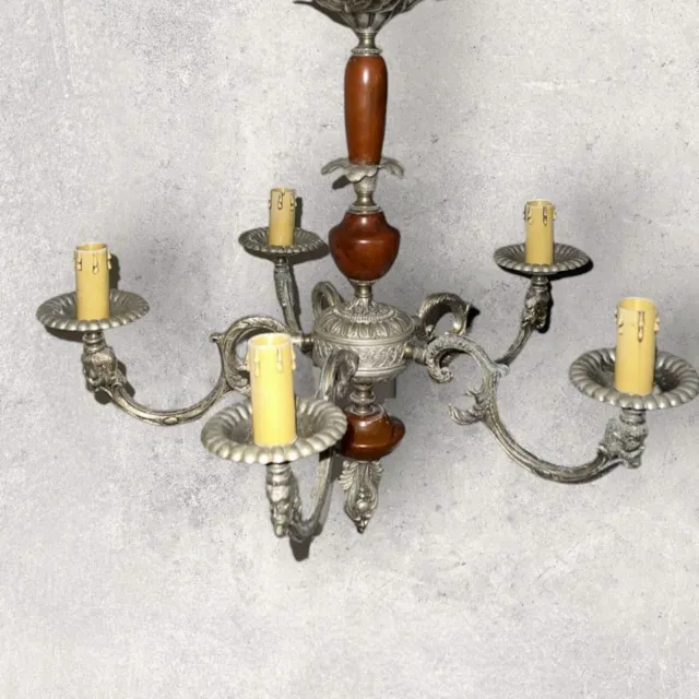 Ancien Lustre 5 Bras Marbre Et Métal Argenté Style Hollandais - Old Chandelier