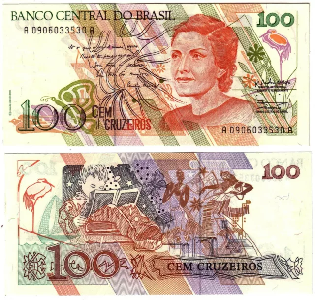 Banknote - 1990 Brazil, 100 Cruzeiros, P228 UNC, C Meireles (F) Child reading (R
