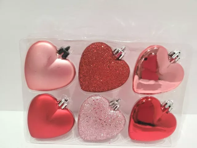 Valentines Day Pink Red Glitter Hearts 2.5" Plastic Tree Ornaments Decor 6pc