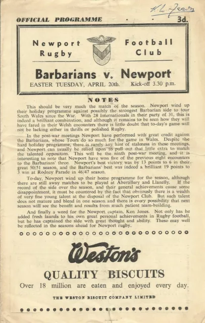 1954    NEWPORT v BARBARIANS