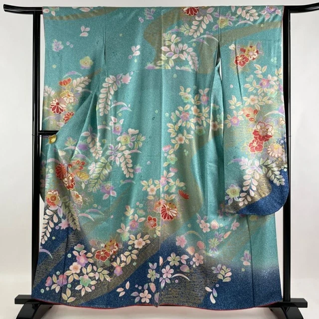 Woman Japanese Kimono Furisode Silk Flower Running Water Gold Foil BlueGreen