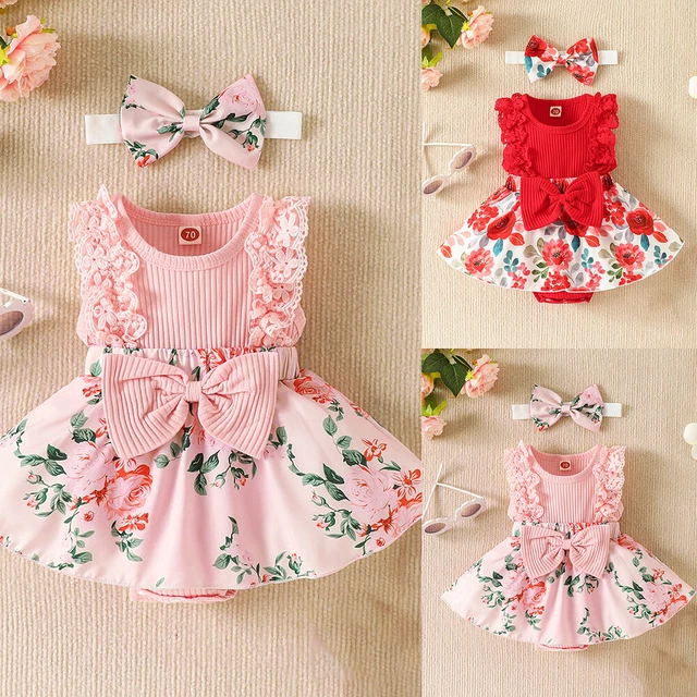 Newborn Baby Girls Floral Ribbed Outfits Sleeveless Romper Dress Headband Set UK