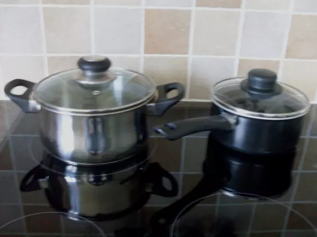 Double Handled Saucepan, Large, Stainless Steel. Gc  + Black Non Stick Pan. Lids