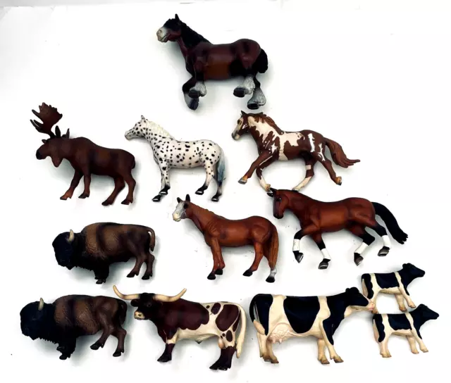 Lot Of 12 Schleich Farm Animals Horses Cows Bull Moose Bison Retired Pieces
