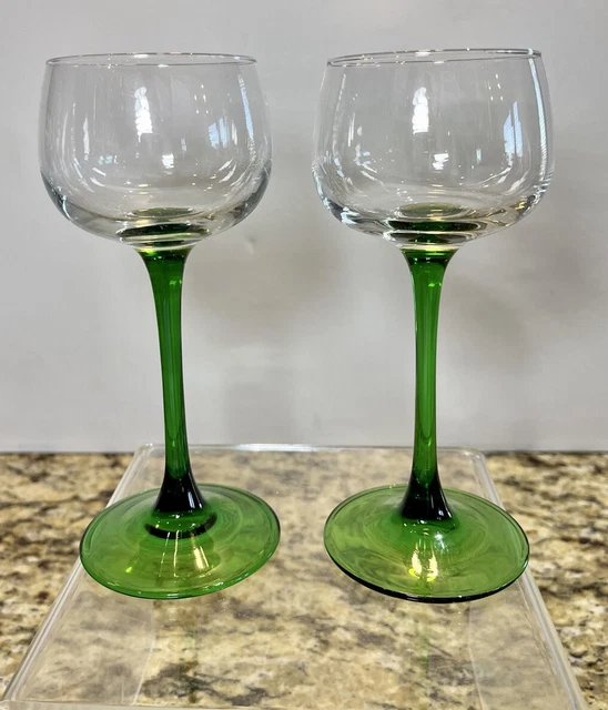 2PC EMERALD RHINE Wine Glasses Set Vintage Green Stem Luminarc France