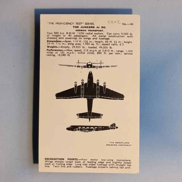 WW2 AIRCRAFT RECOGNITION Postcard C1940 Junkers Ju 90 Transport