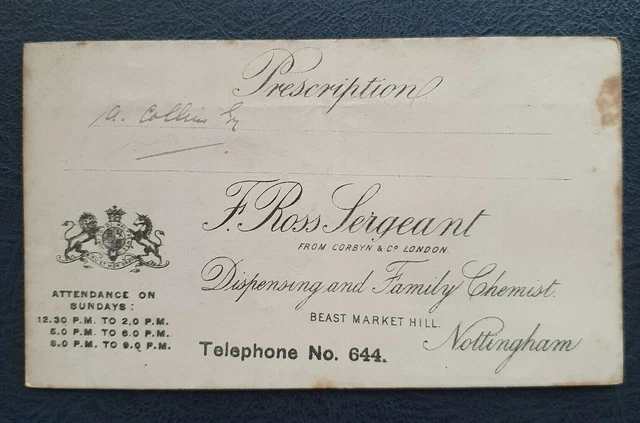 Antique Prescription Envelope F.Ross Sergeant Chemist Beast Market Nottingham