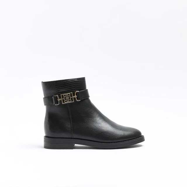 RIVER ISLAND WOMENS Ankle Boots Black Riding Side Gold Ri Branded Zip Shoes 10.00 PicClick UK