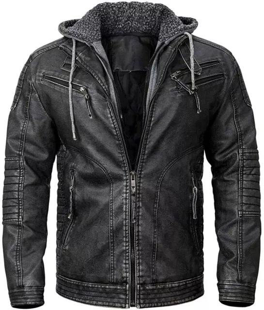Mens Motorcycle 100% Lambskin Leather with Removeable Hood Jacket Biker Black