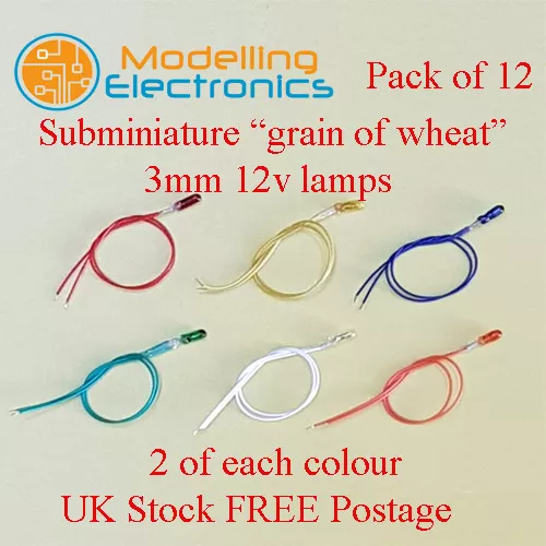 12 x Subminiature Grain of Wheat Bulb / Lamp 12v 3mm 120mm wire leads