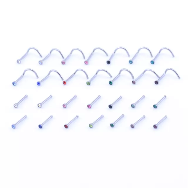 Surgical Steel Nose PIN RING STUD BONE NOSE Screw with CRYSTAL GEM STONE