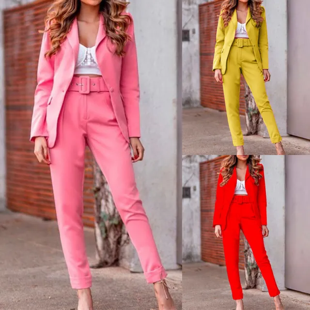 Women Office Uniform Business Suits Long Pants Blazer Suit Coat 2 Piece Set