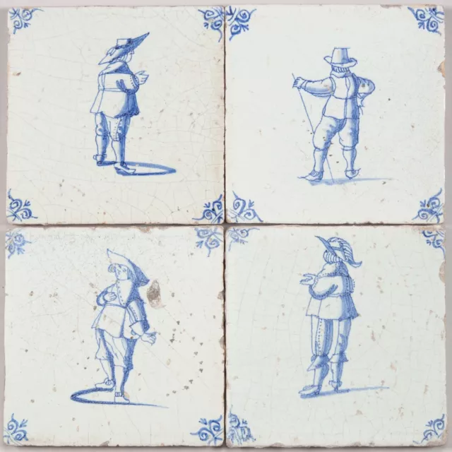 Nice set of 4 Dutch Delft Blue tiles, figures, 17th. century.