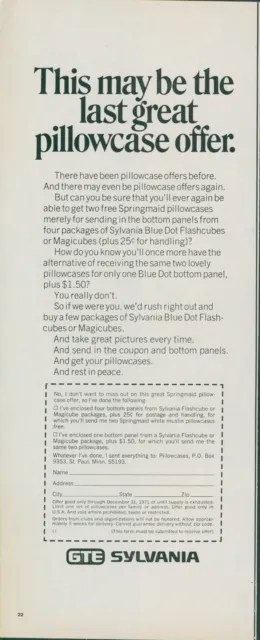 1971 GTE Sylvania Blue Dot Flashcubes Springmaid Pillowcase Vtg Print Ad L29