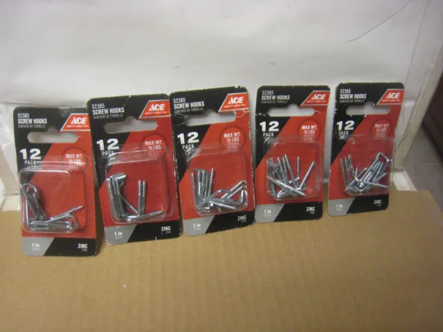 5 Ace Hardware  52385 SCREW  Hooks 5 Packs of 12 each  x 1" ZINC 60 hooks total