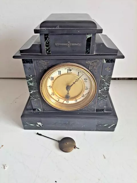 Antique Black Slate and Veined Mottled Mantle Clock Edwardian No Key Untested