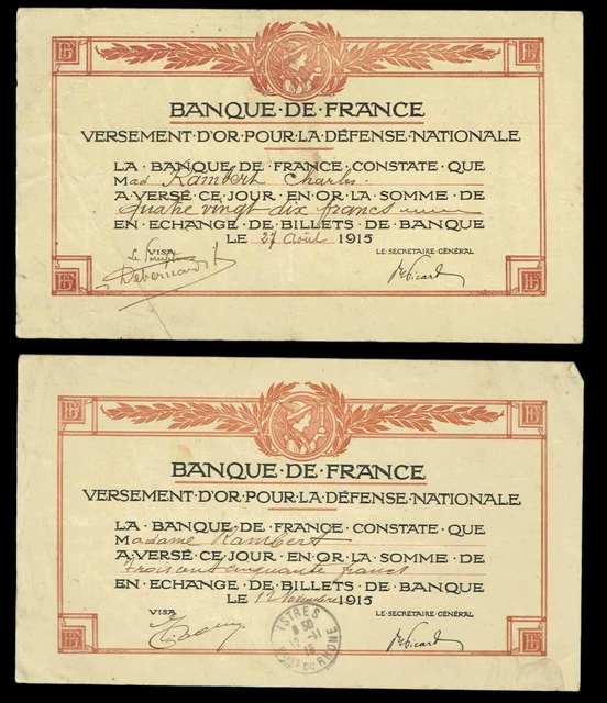 2 BONS de la BANQUE DE FRANCE 1915 / DEFENSE NATIONALE