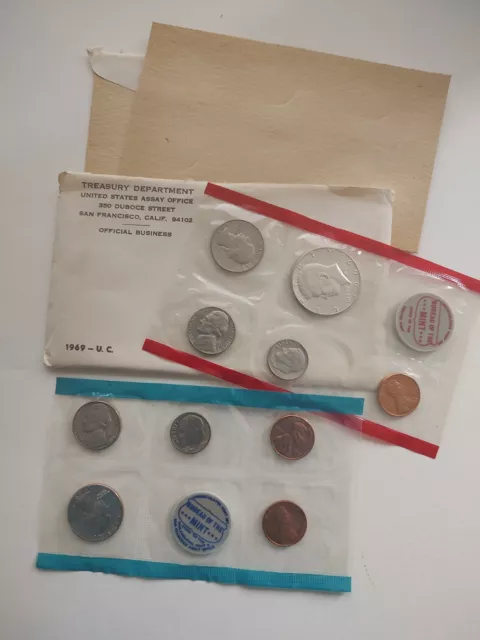 1969 P & D Mint Set includes 10 coins and US Mint Packaging Envelope