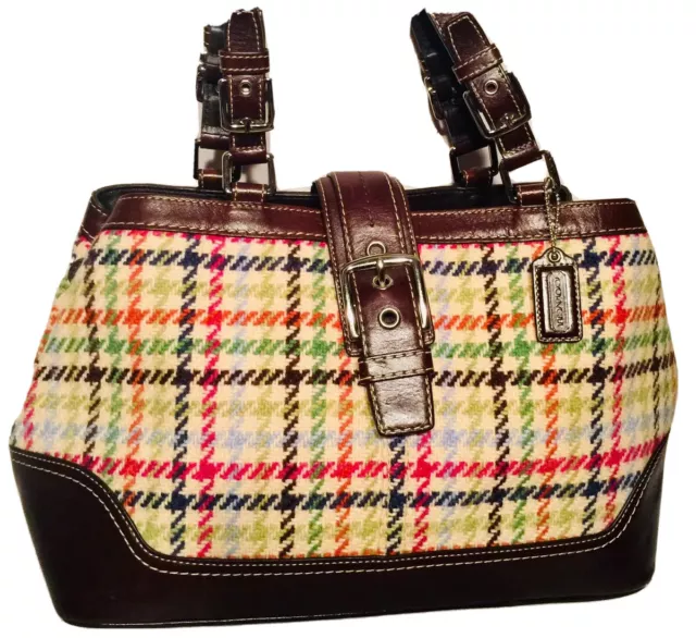 Wool Coach Shoulder Satchel Tote Handbag Brown Leather Trim Studs #F12632