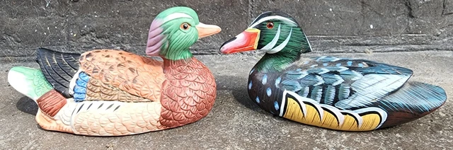 Vintage Hand Painted Ceramic and Wood Duck Figurine. Set 2