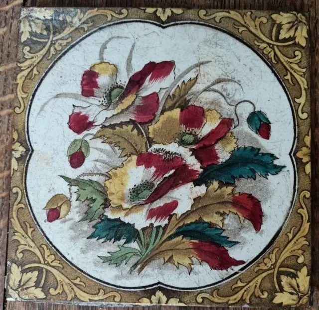 2 x Antique 1890s Victorian hand coloured transfer printed poppy pottery tile