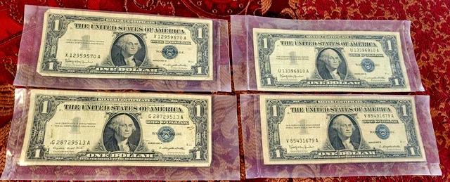✔ Four Sealed 1957 Blue Seal $1 Dollar Silver Certificate - US One Dollar Bills