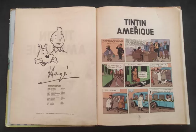 Tintin en Amérique dedicacé et dessin Hergé B35 bis  1966 etat moyen