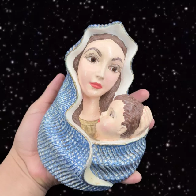 Vintage Chalkware Madonna And Child Wall Hanger Figurine Mounted Painted Heavy