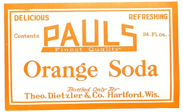 Pauls Orange Soda Dietzler Beverages Hartford WI Paper Soda Label c1940's Scarce