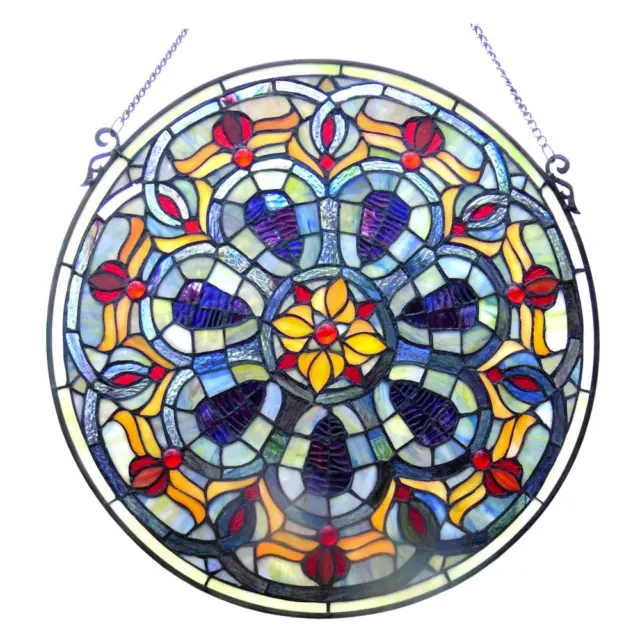 Stained Glass Tiffany Style Window Panel Handcrafted 20" Round Victorian Design