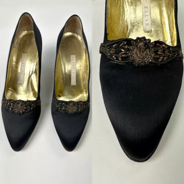 Vintage Perry Ellis Black Satin Heels with Beaded Embellishments Size 8.5