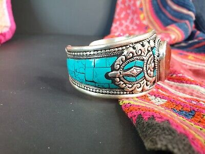 Old Tibetan Silver Bracelet with Turquoise and Local Stone …beautiful accent and 3