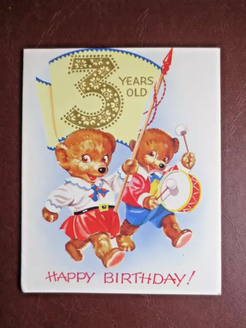 Unused Vintage Greetings Card 3rd Birthday  Teddy Bears Marching with Drum