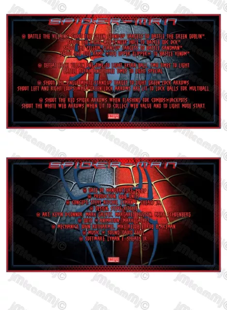 Stern Spider-Man 2007 Instructions Cards RED Flipper Custom Pinball