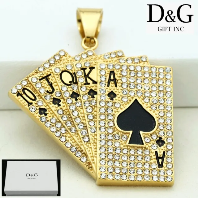 DG Men's Gold Stainless-Steel poker Brilliant CZ 50mm Pendant Unisex *Box