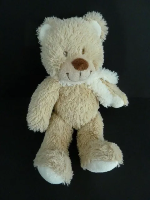 X5. DOUDOU PELUCHE OURS TEX BABY ECRU BEIGE ECHARPE BLANC 21cms - TBE