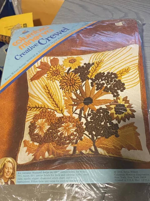 Columbia Minerva Creative Crewel Vintage 1973 Wheat & Flowers Pillow Kit #7312