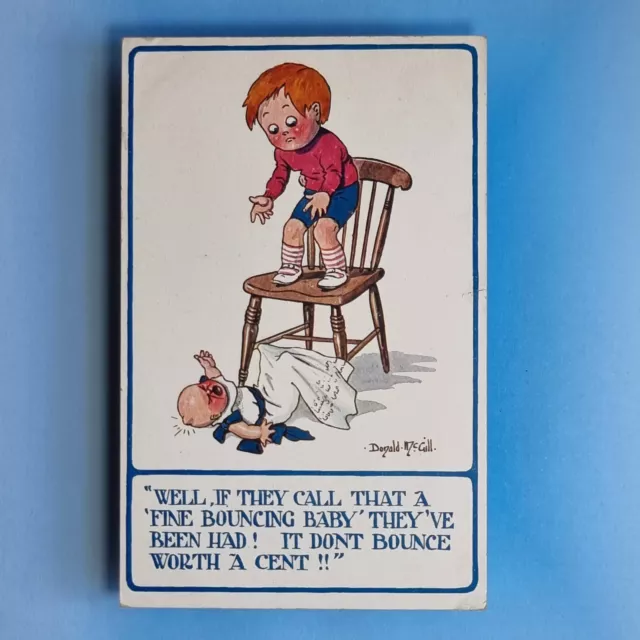 Comic Postkarte 1915 Donald McGill hüpfend Baby Kinderstuhl Beulenkopf