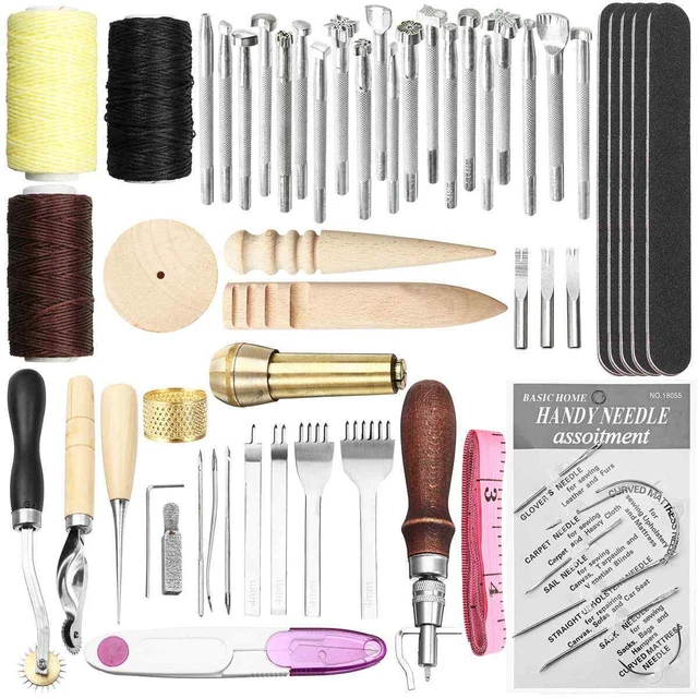 Juego de 49 kits de herramientas artesanales de cuero agujas de cera borde perforación orificio herramientas