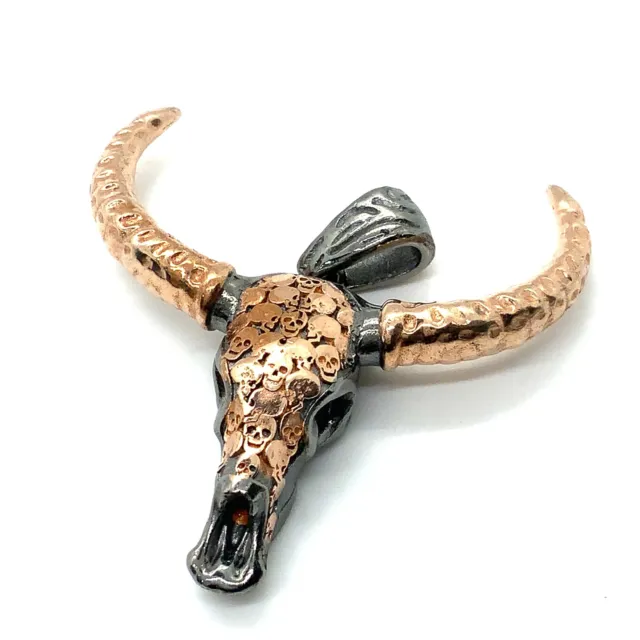 Estate Sterling Rose Gold Signed 925 Abbachi Bull Horn Skull Man Design Pendant