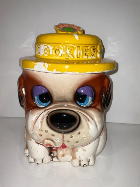 VINTAGE DROOPY DOG IN HAT COOKIE JAR YELLOW old yeller he has seen things so old