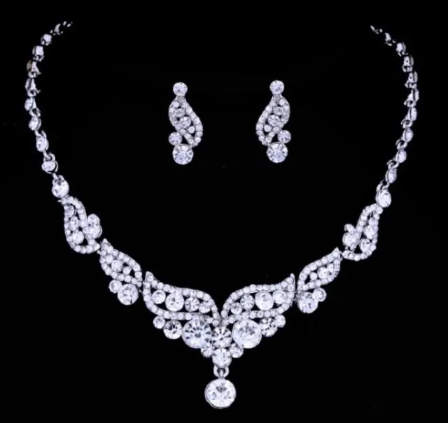Bridal Wedding Bridesmaid Crystal Necklace Earring silver colour jewellery Set