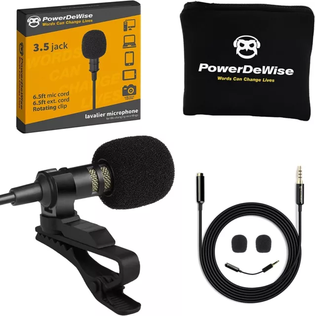 PowerDeWise Professional Grade Lavalier Clip On Microphone - Lav Mic for Camera