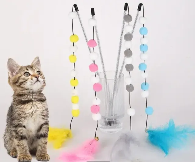 1pc Cat Kitten Teaser Wand Stick Interactive Toy Plush Balls Feathers Bell