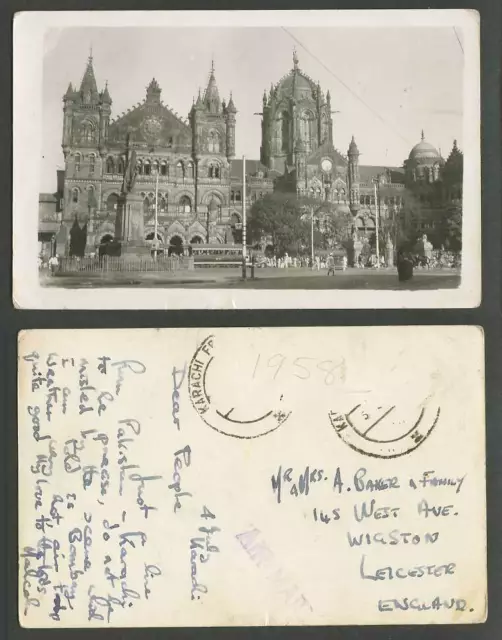 India 1958 Old Real Photo Postcard Victoria Terminus Bombay Railway Station TRAM