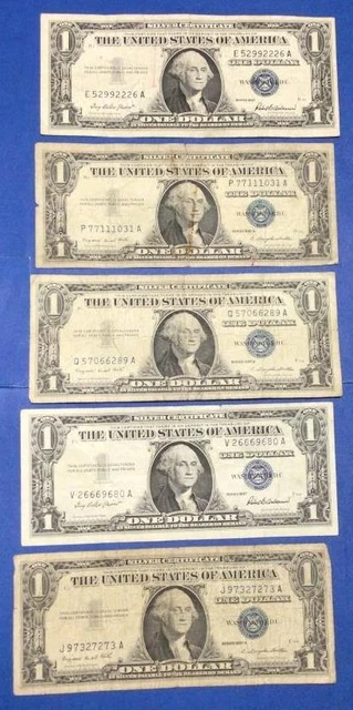 1957-1957B $1 Blue SILVER Certificates! X2226 Set of 5! Lower Grade! Currency!